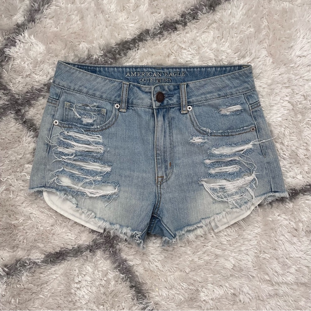 American Eagle Outfitters Blue Distressed Jean Shorts Hi Rise Festival Size 6